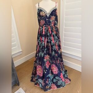 Lashkaraa Formal Dress Floor Length Blue Floral Beaded Strappy Low Back XL (?)